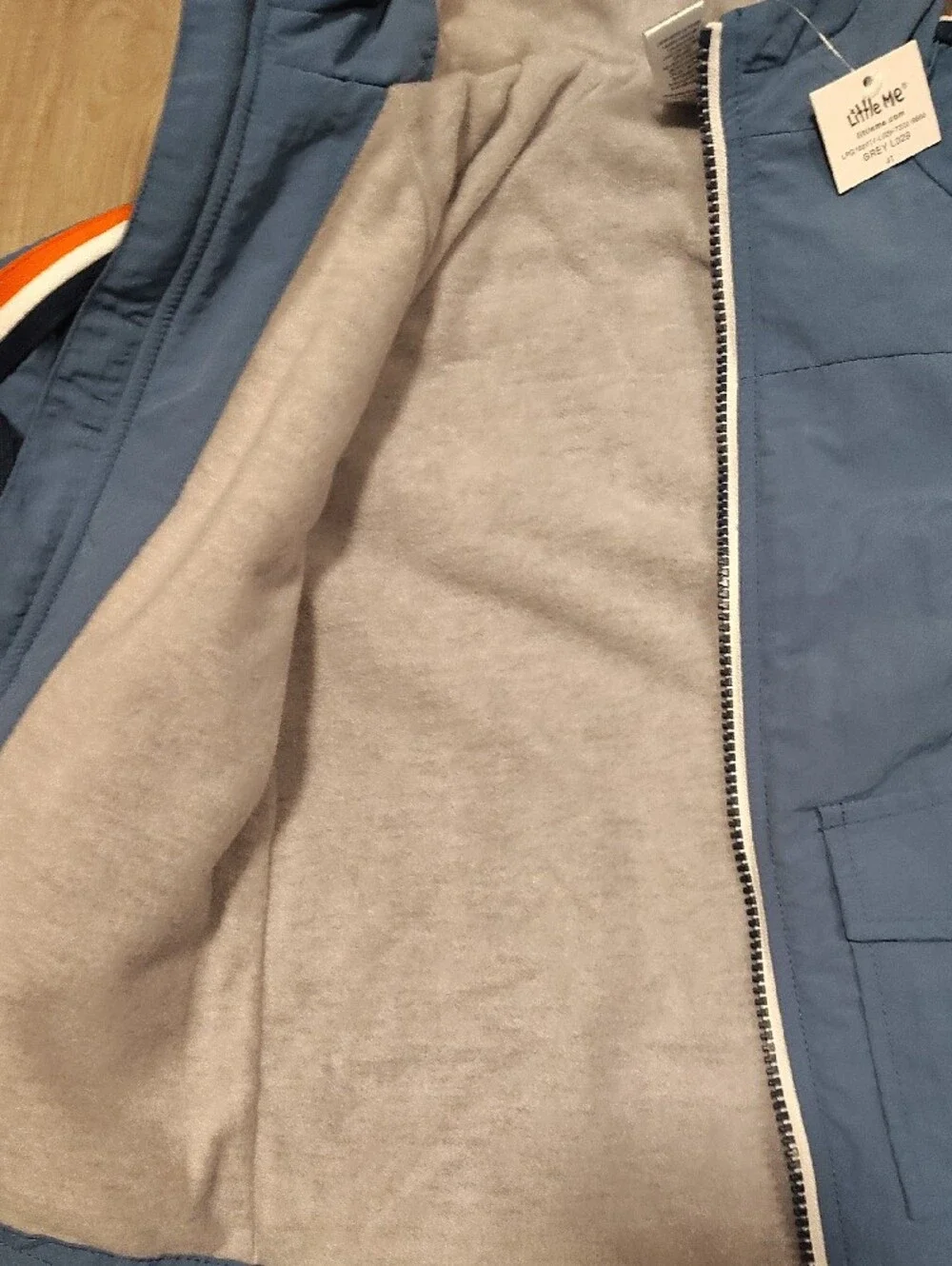 Little Me Blue Hooded Fleece Lined jacket with Orange & White Stripes